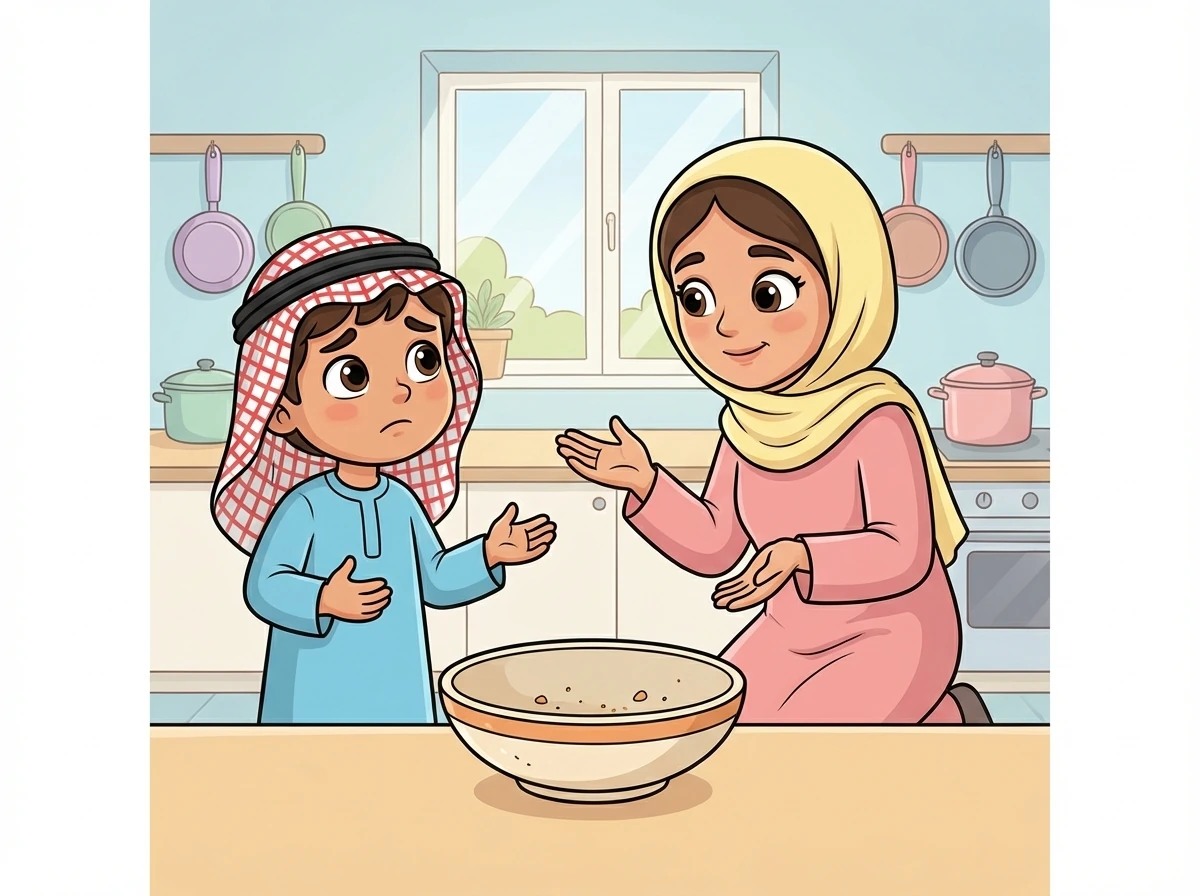 سأل سالم أمه: "هل يوجد تفاح؟" فأجابت أمه: "لا يوجد تفاح اليوم يا سالم."