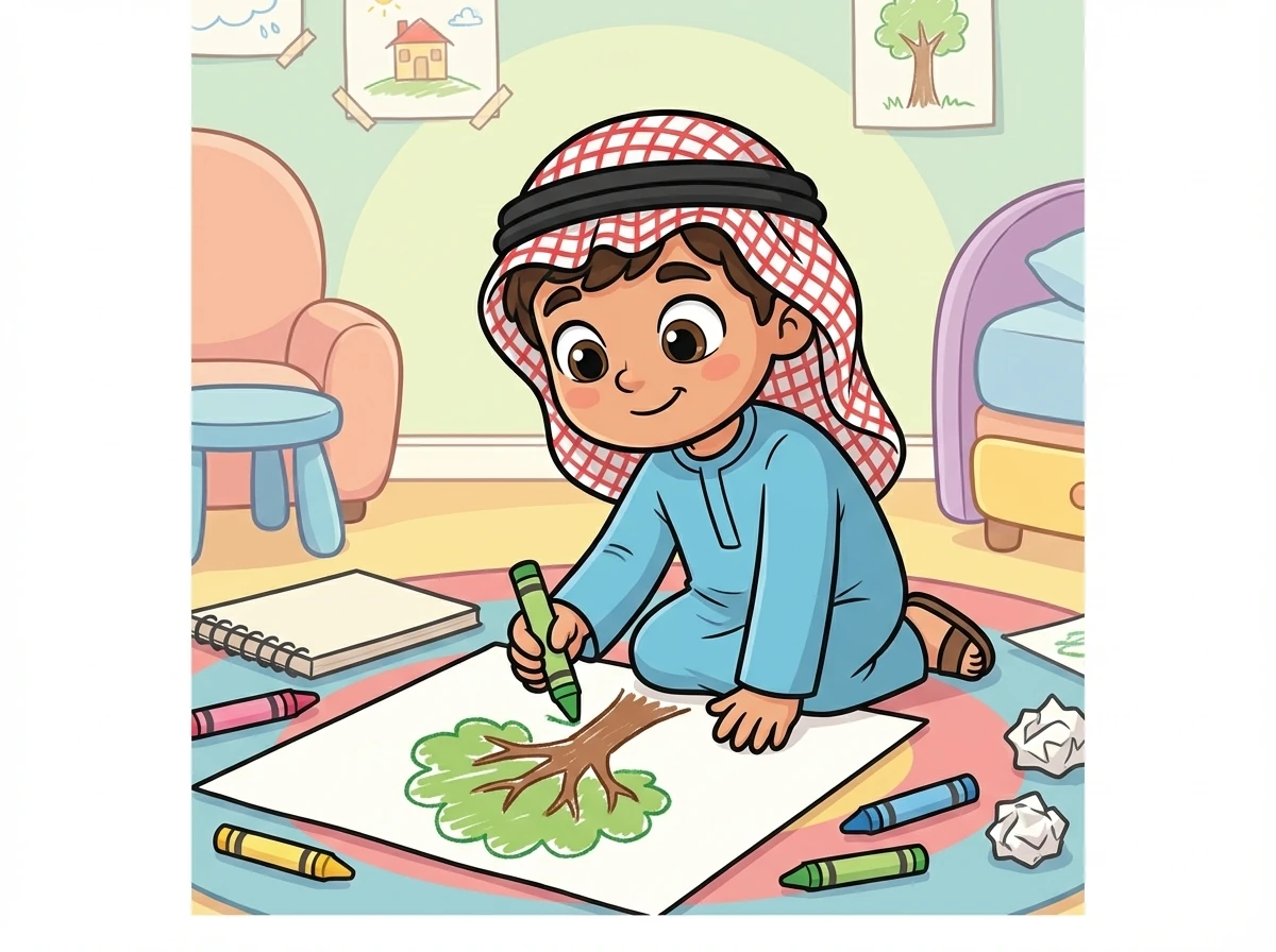 قرر سالم أن يرسم. أخذ الألوان وبدأ يرسم شجرة، لكنه لم يرسم تفاحًا عليها.