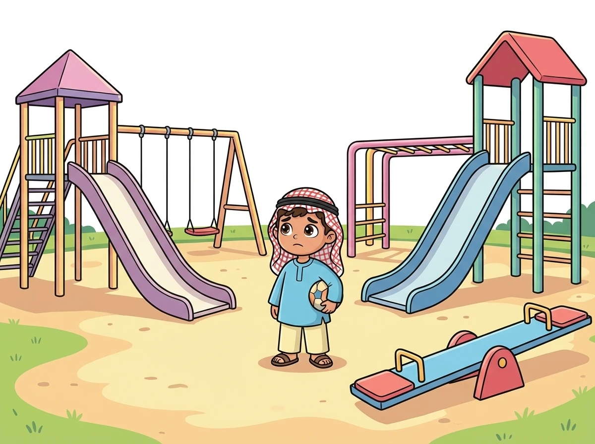 ذهب سالم إلى الملعب، لكنه لم يجد أحدًا يلعب. كان الملعب فارغًا.