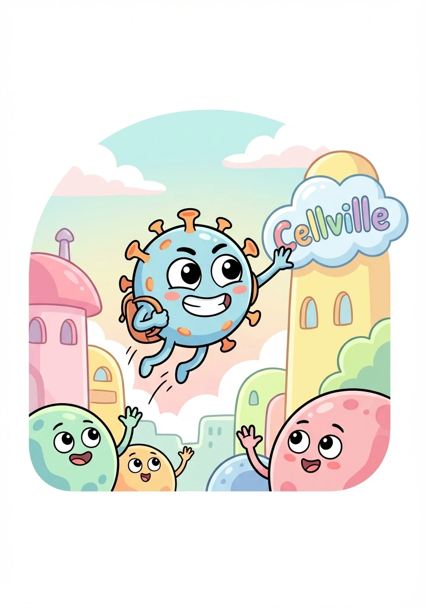 Once upon a time, in a bustling city called Cellville, lived a tiny RNA virus named RNA-Ron. He was small but determined, with a mission to find a new home.