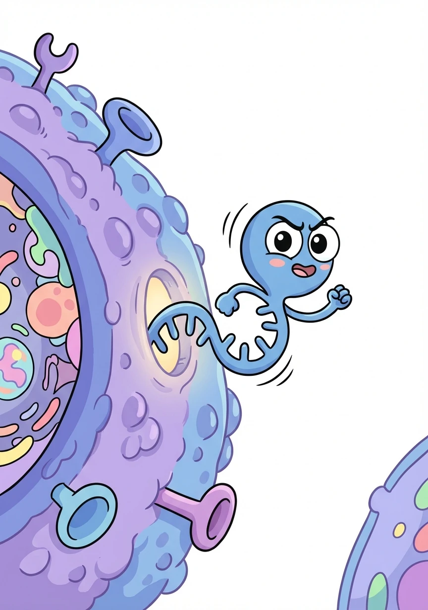 RNA-Ron bumped into a giant cell wall! With a burst of energy, he slipped inside, ready for an adventure.