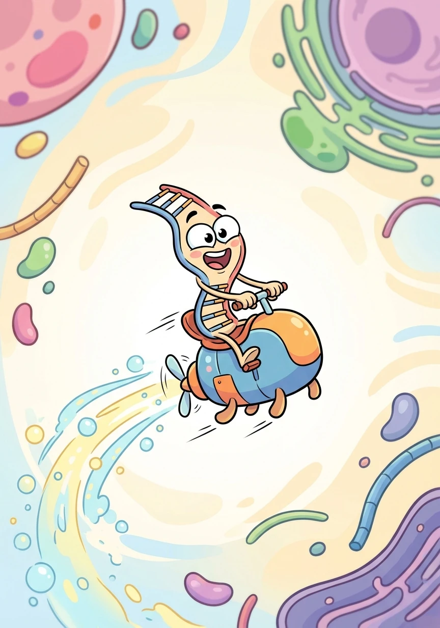 DNA-Dave hitched a ride on a speedy motor protein, a tiny vehicle that zoomed through the cell's interior.