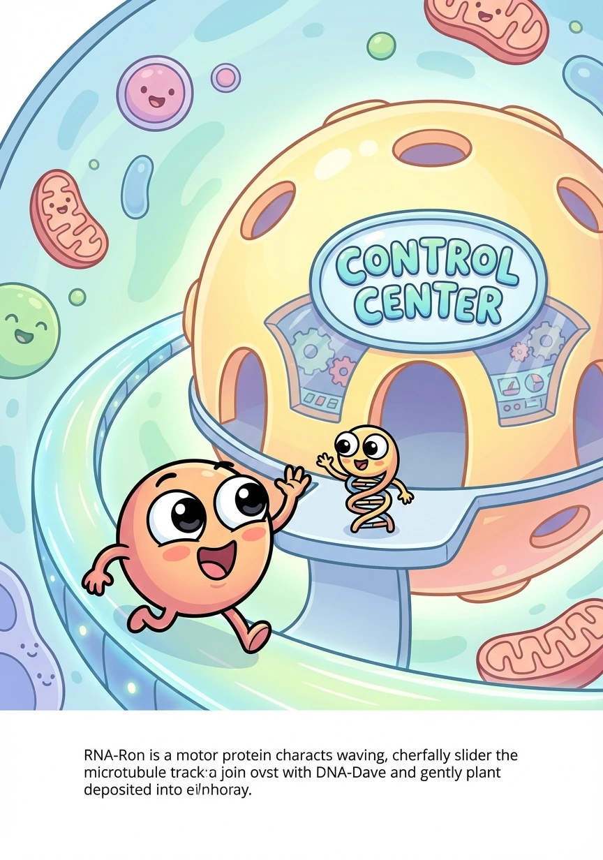 The motor protein delivered DNA-Dave to the grand Nucleus, the control center of Cellville, where all the important decisions were made.