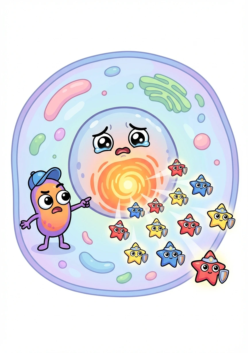 The cell, in distress, sent out a signal, releasing tiny warriors called Interferons to protect itself.