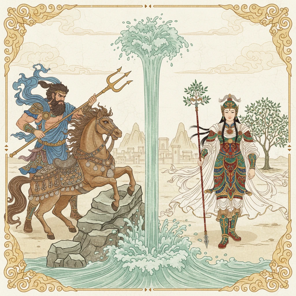 雅典娜与海神波塞冬为了争夺新兴城邦雅典的守护权展开了一场神圣的竞赛。波塞冬用三叉戟敲击岩石，创造出盐水泉和战马，象征着海洋和战争的力量。