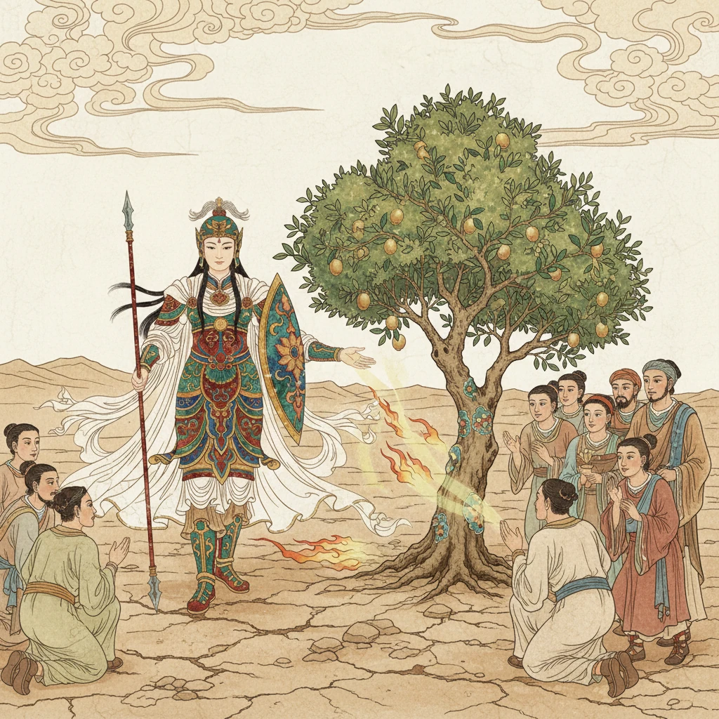 雅典娜则轻轻一挥手，在贫瘠的土地上生长出一棵繁茂的橄榄树。这棵树不仅能提供食物和油，更象征着和平与繁荣。雅典的居民被橄榄树的实用与美好所打动，选择了雅典娜作为他们的守护神。