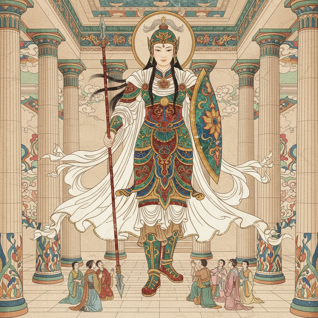 为了纪念雅典娜，雅典人民在卫城之巅建造了宏伟的帕特农神庙。神庙内供奉着巨大的雅典娜神像，她庄严而慈祥，俯瞰着她所守护的城市，象征着智慧与胜利。