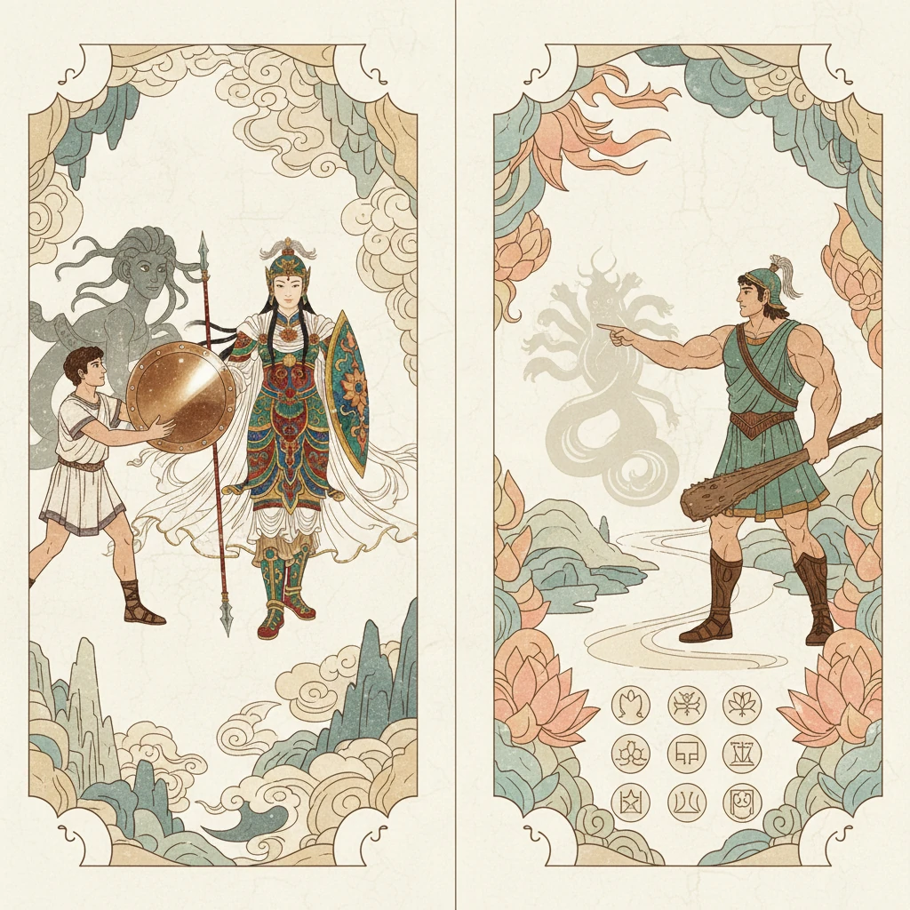 雅典娜常常化身为人，在凡间指引和帮助那些勇敢的英雄。她赐予珀尔修斯闪亮的盾牌，助他斩杀美杜莎；她也为赫拉克勒斯提供智慧，帮助他完成艰难的十二项任务。