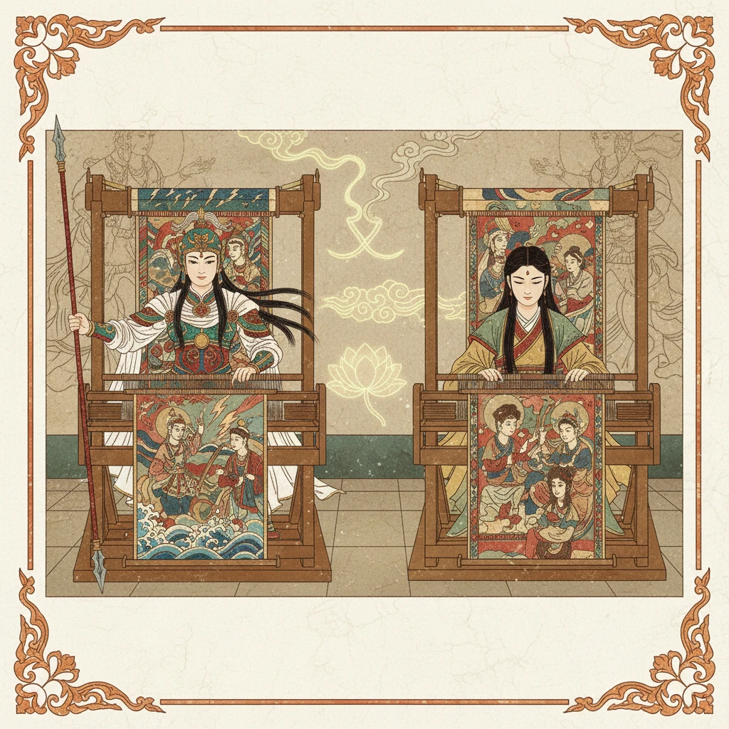 凡间有一位名叫阿拉刻涅的织女，她的技艺超群却狂妄自大，竟敢挑战雅典娜。雅典娜接受了挑战，两位女神在织布机前展开了一场精妙绝伦的比赛，图案栩栩如生，令人叹为观止。