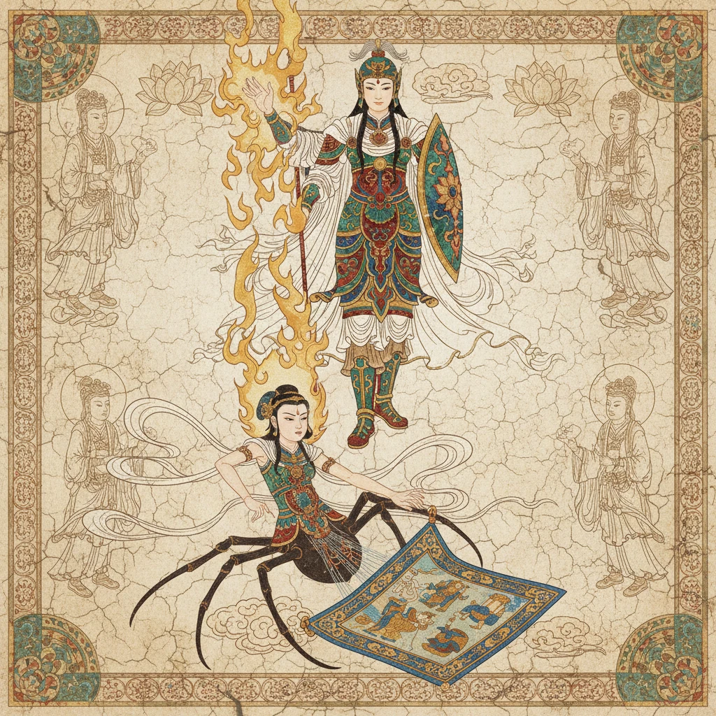 雅典娜的织品展现了众神的光辉与智慧，而阿拉刻涅的作品虽然精美，却描绘了众神的过失。雅典娜对阿拉刻涅的傲慢与不敬感到愤怒，最终将她变成了一只蜘蛛，永远编织。