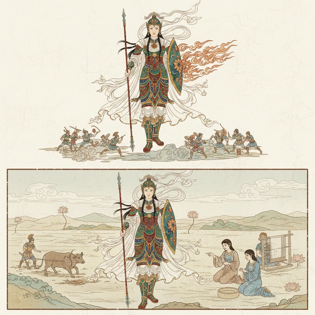 雅典娜不仅是智慧与技艺的女神，也是正义战争的守护者。她手持长矛和埃癸斯盾，在战场上保护英雄，但在和平时期，她又教导人们耕作与纺织，带来文明与秩序。