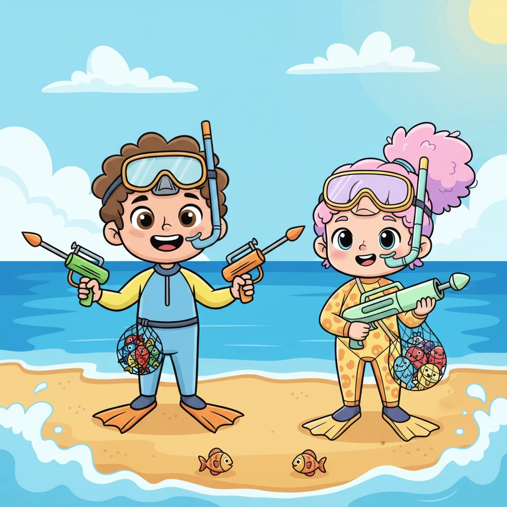 איתי ואיה, עם חיוכים ענקיים, עמדו על חוף אכזיב שטוף השמש. הם החזיקו רובי דייג צעצוע צבעוניים והיו מוכנים ליום של כיף. גלי הים הכחולים קראו להם להרפתקה תת-ימית מרגשת.