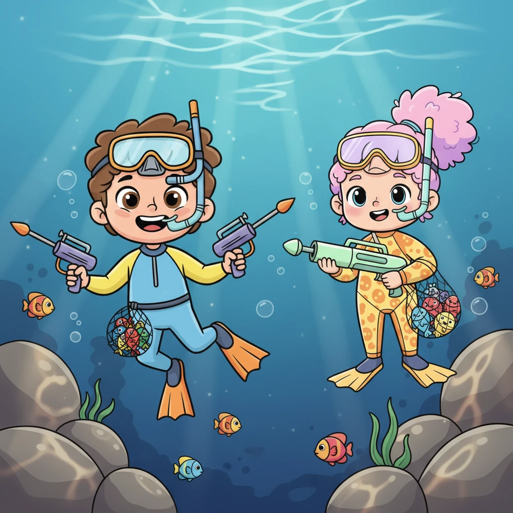 בזהירות, הם צללו לתוך המים הצלולים והקרירים, שהיו חמימים בדיוק במידה הנכונה. קרני השמש רקדו על פני המים, וחשפו עולם תת-ימי מרהיב. הם החלו לשחות בין הסלעים הגדולים, נרגשים לגלות מה מסתתר שם.