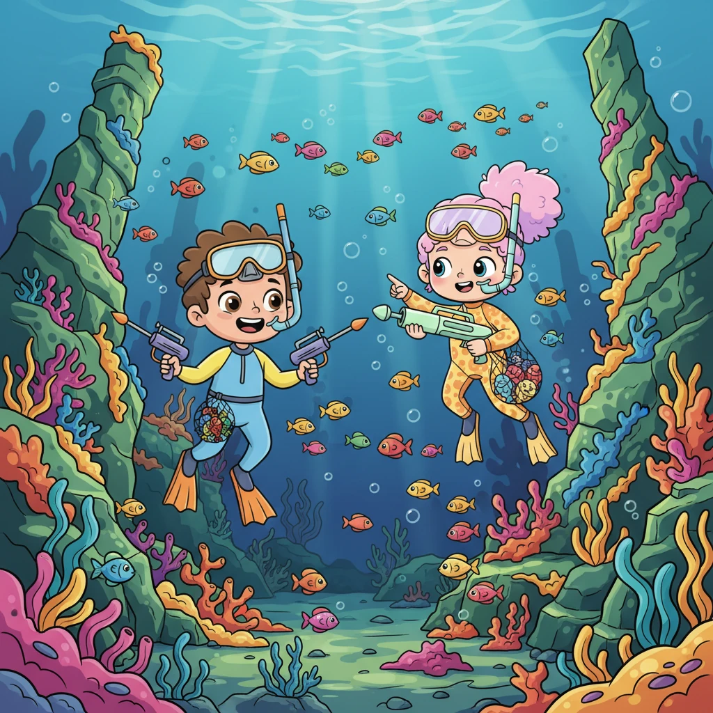 כשהם צללו עמוק יותר, נוף מדהים נגלה לעיניהם. סלעים עתיקים וירוקים היו מכוסים באצות צבעוניות, ויצרו מבוך של צללים ואור. דגים קטנים מכל הגוונים שחו בזריזות סביבם, כאילו קיבלו את פניהם.