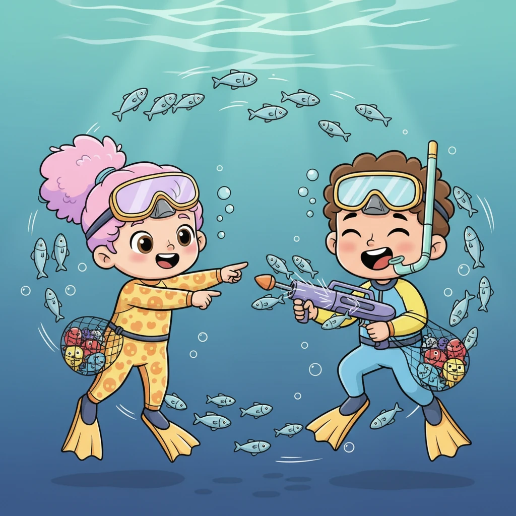 איה הצביעה בהתלהבות על להקה של דגים כסופים קטנים ששחו במעגלים מושלמים. איתי ניסה 'לדוג' אותם עם רובה הצעצוע שלו, אבל הדגים היו מהירים מדי והחליקו מבעד לידיו בצחוק. זה היה משחק מצחיק ומהנה.