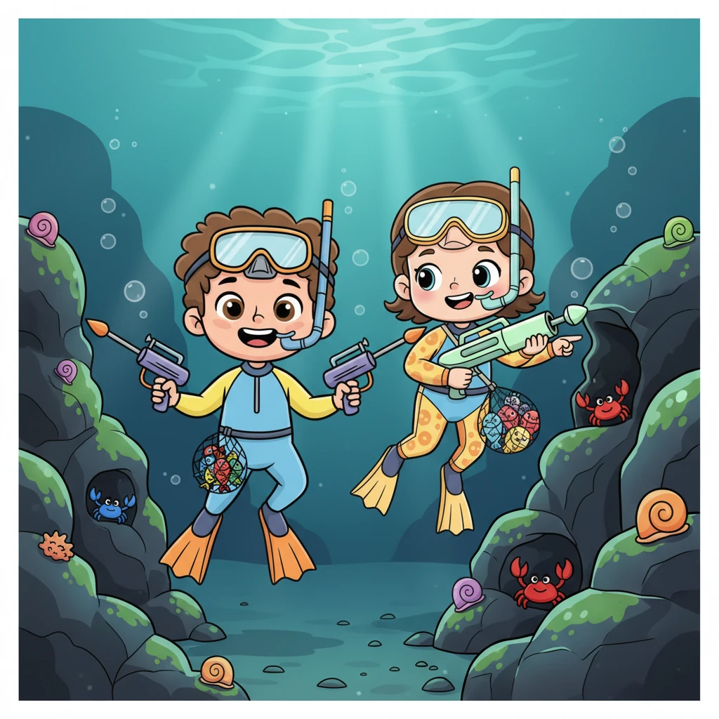 הם המשיכו לשחות, מעמיקים אל תוך המערות הקטנות שבין הסלעים. כל חור וכל סדק חשפו יצורים ימיים חדשים – סרטנים קטנים שהתחבאו, וחלזונות יפים שהיו צמודים לסלעים. העולם התת-ימי היה מלא הפתעות.