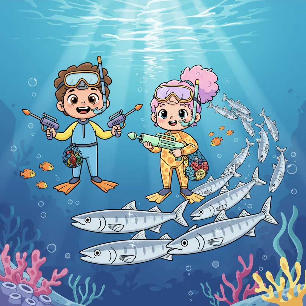 פתאום, מול עיניהם הנדהמות, הופיעה להקת ברקודות ענקית אך ידידותית. הברקודות שחו באלגנטיות, גופן הכסוף מנצנץ באור השמש המסונן. הן היו סקרניות, אך לא מאיימות כלל, ופשוט חלפו על פניהם בשלווה.