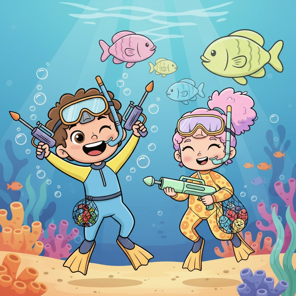 אחרי שהברקודות המשיכו בדרכן, איתי ואיה שיחקו עוד קצת, מדמיינים שהם ציידי דגים מיומנים. הם 'תפסו' דגים דמיוניים ענקיים וצחקו בקול, מרוצים מהרפתקת הצלילה שלהם. הם ידעו שהם יספרו על זה לכולם.