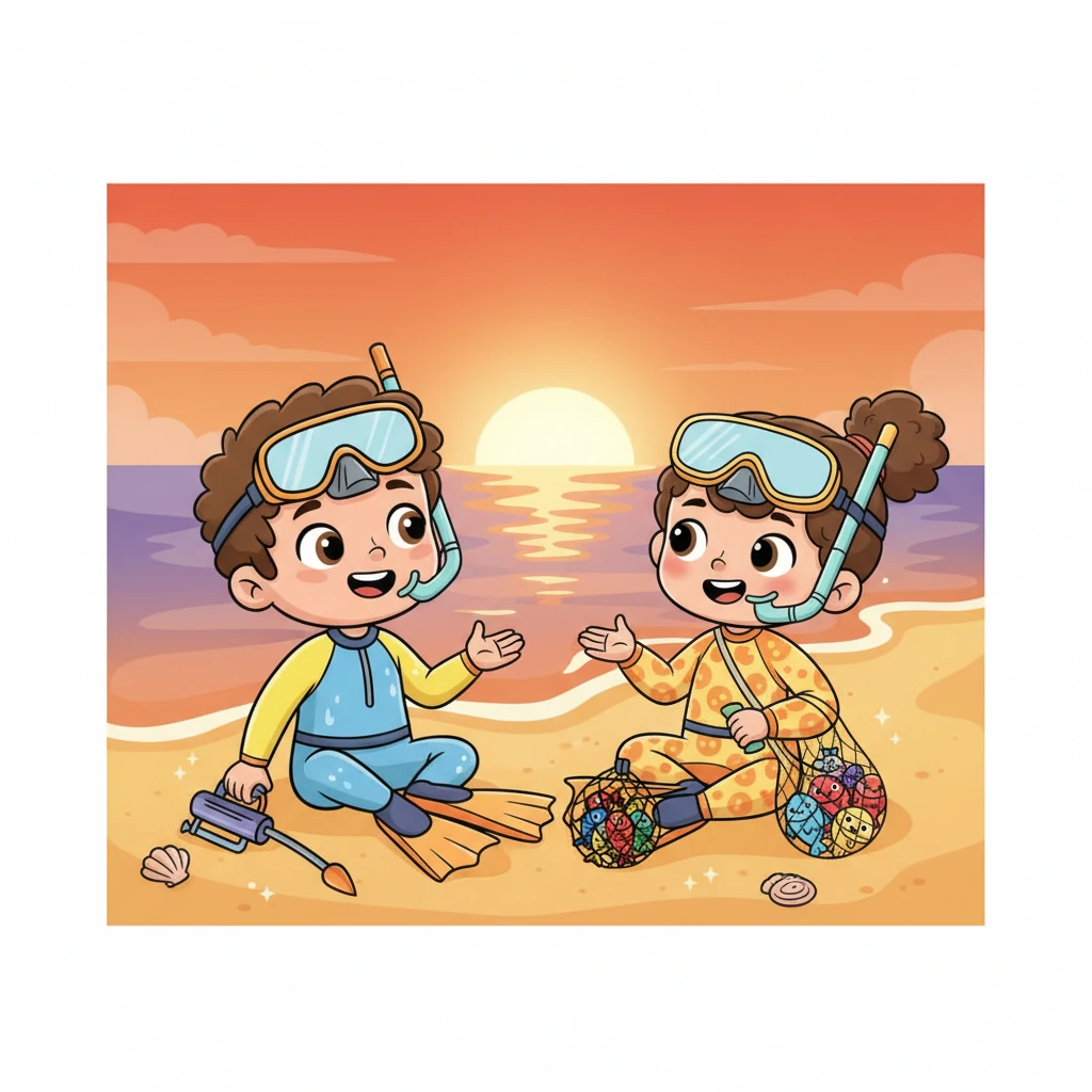 עם שקיעה כתומה באופק, איתי ואיה יצאו מהמים, עייפים אך מאושרים. הם התיישבו על החול הרך, שניהם עם סיפורים מרגשים לספר על העולם הקסום שגילו מתחת לגלים בחוף אכזיב. זה היה יום שלא ישכחו לעולם.