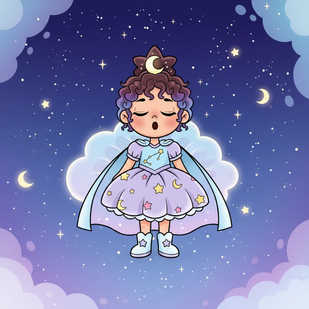 Luna's eyelids slowly began to feel heavy, and her body relaxed completely. The vast sky remained, a comforting presence accompanying her through the night. She yawned softly, her eyes fluttering closed, yet she could still perceive the gentle lights.