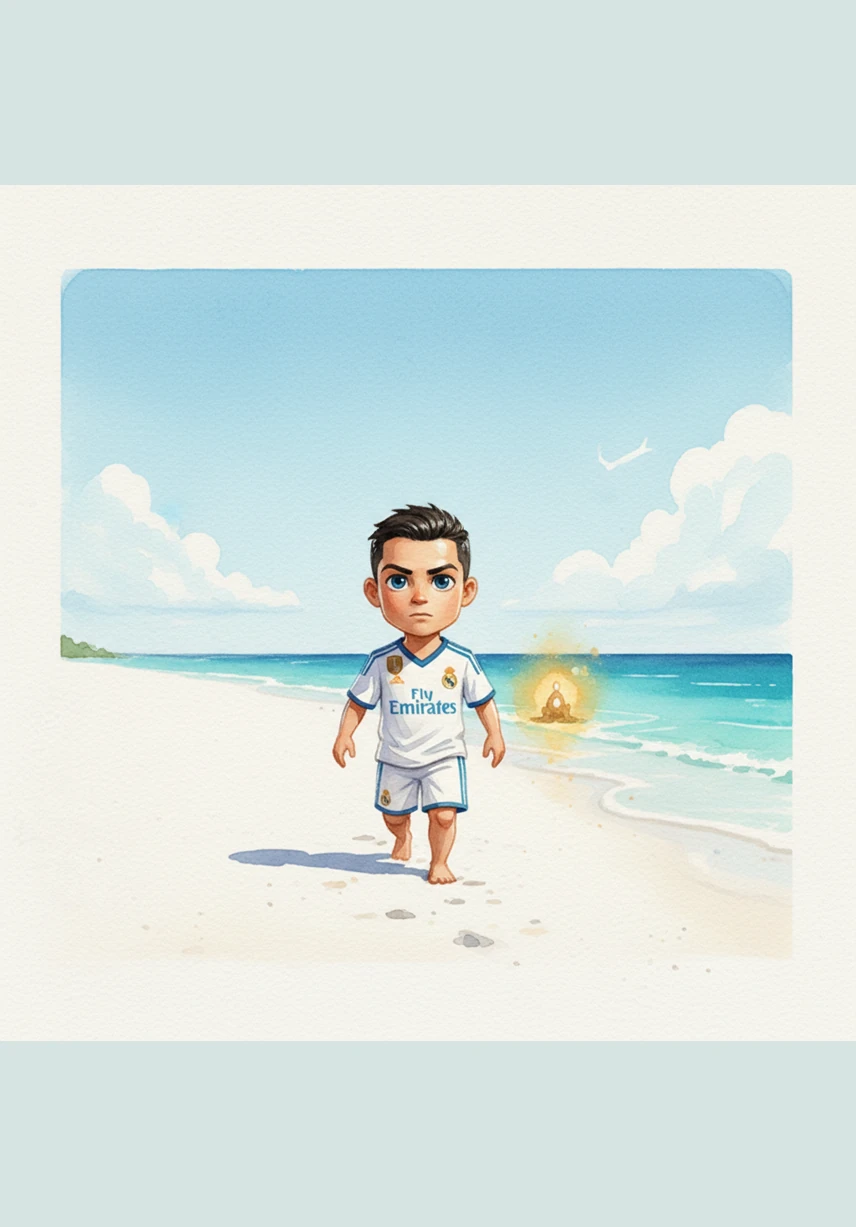 Cris walks along the pristine white sand of a secluded beach, his iconic Real Madrid jersey vibrant against the bright midday sun. His small, four-foot frame moves with purpose, while his mature, focused expression reflects a lifetime of experience. In the distance, a mysterious golden glow catches his eye near the water's edge.