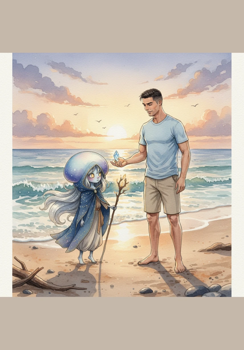 As he approaches the shoreline, the deep blue waves gently lap at his feet, leaving the sand shimmering and wet. The glowing object reveals itself to be a luxurious golden gift box, resting perfectly among the scattered seashells. Cris stands before it, his seasoned face showing a mix of curiosity and awe under the Oxford blue sky.