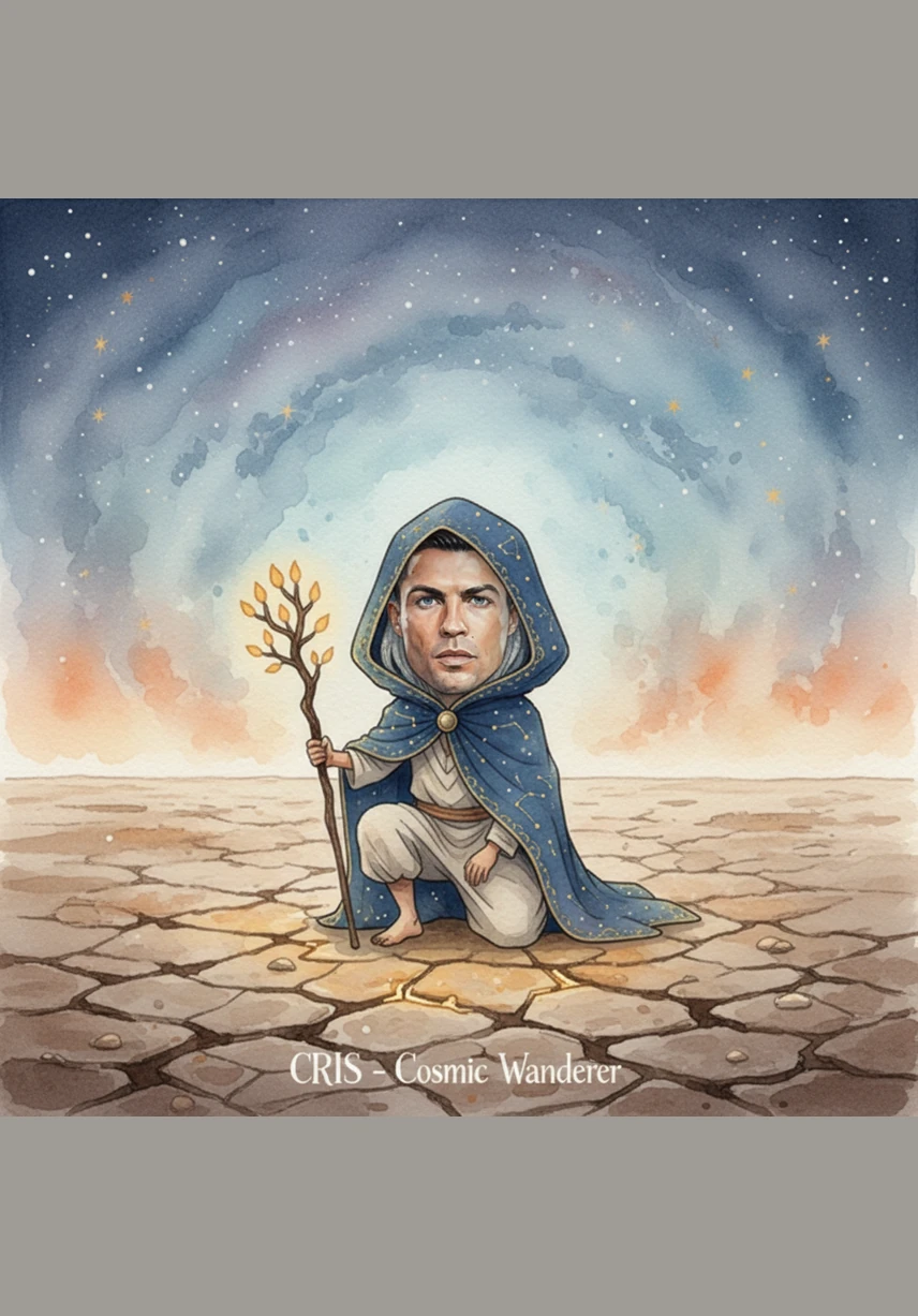 Cris kneels beside the box, his childlike proportions contrasting with the sharp, realistic detail of his weathered features. The golden surface of the gift reflects the bright sunlight, casting soft glimmers onto his jersey and the surrounding white sand. He reaches out a hand, feeling the warmth radiating from the intricate carvings on the lid.