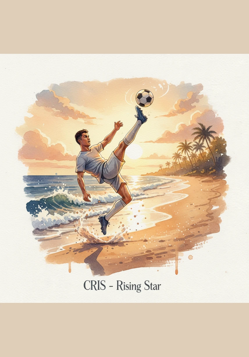 Cris begins to juggle the ball of light with breathtaking precision, his movements fluid and professional despite his small stature. Every touch of his foot sends ripples of golden energy through the air, mirroring the rhythm of the crashing waves. The scene is cinematic and sharp, capturing the high-detail textures of the sand and the jersey.