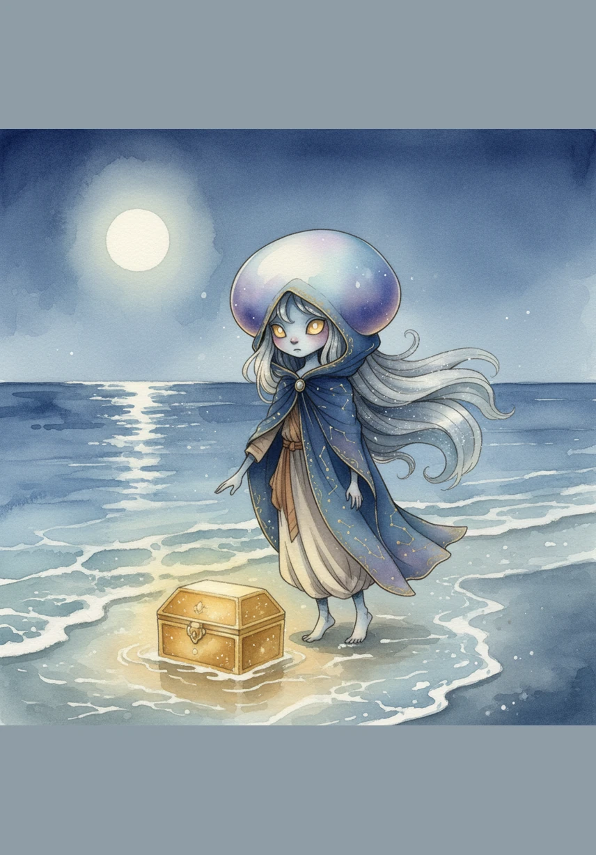 The light eventually descends, settling back into the luxurious golden box with a soft, melodic hum. The lid closes on its own, and the intense glow fades into a gentle, steady shimmer that blends with the natural reflections of the water. Cris places a hand on the box, offering a silent nod of gratitude to the sea.