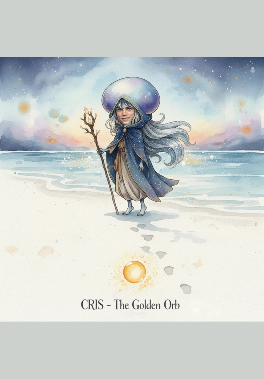 Cris turns to walk back along the white shore, leaving the golden box as a permanent part of the beach's mystery. His small silhouette is framed by the massive clouds and the deep rich blue of the sea, a powerful figure in a quiet, beautiful world. Though he leaves the treasure behind, the light of the discovery remains in his eyes.