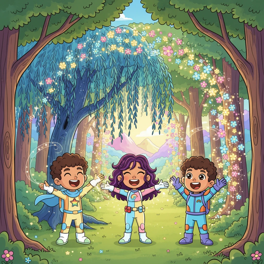 Para alcanzar las montañas, debían cruzar el Bosque de los Susurros, donde los árboles repetían los miedos de quienes pasaban. Un sauce azul susurraba: 'No podrán lograrlo'. Maya, recordando sus libros, gritó: '¡No escuchen! ¡Canten una canción alegre!' Al unísono, sus voces transformaron las ramas de los árboles en flores de luz, abriéndoles un camino resplandeciente.