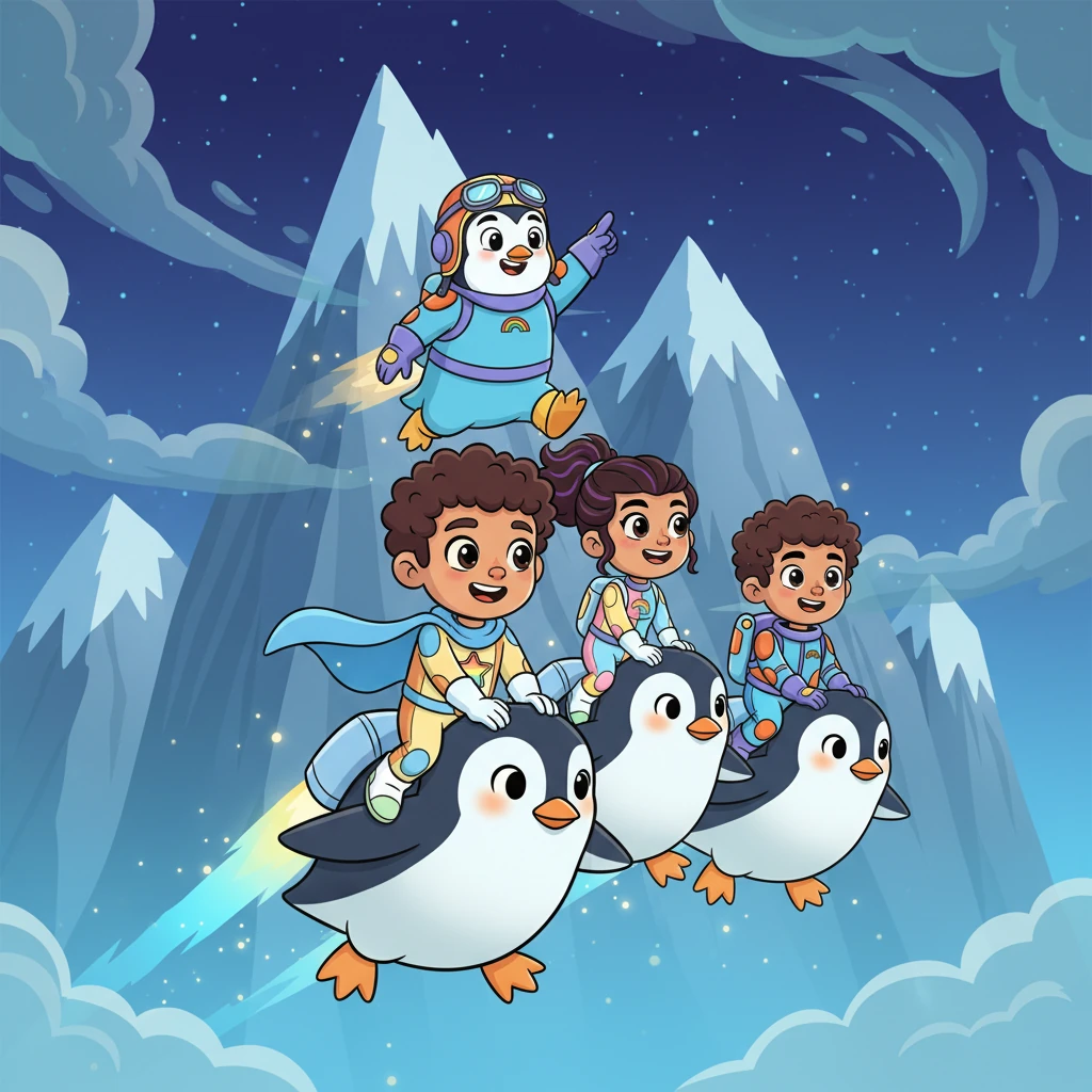 En la base de las montañas, encontraron a los Astro-Pingüinos, animales con mochilas propulsoras naturales. El Capitán Aleta se ofreció a llevarlos, advirtiendo sobre el aire frío y las poderosas sombras en la cima. Cada niño subió al lomo de un pingüino, elevándose hacia las nubes en un emocionante vuelo.