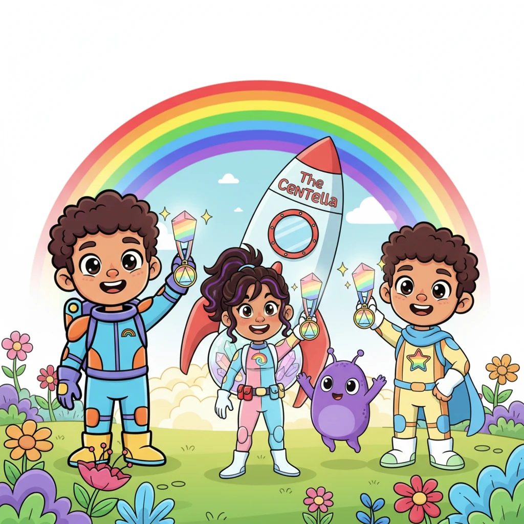 Al colocar las gemas en su lugar, una onda de color recorrió el planeta Zog, devolviendo la vida a las flores y el cielo a su tono arcoíris. Los niños regresaron a la Centella, luciendo medallas de cristal que Pipo les regaló. Sam dijo al despegar: '¡Misión cumplida! ¿A dónde vamos ahora?' listos para la próxima aventura.