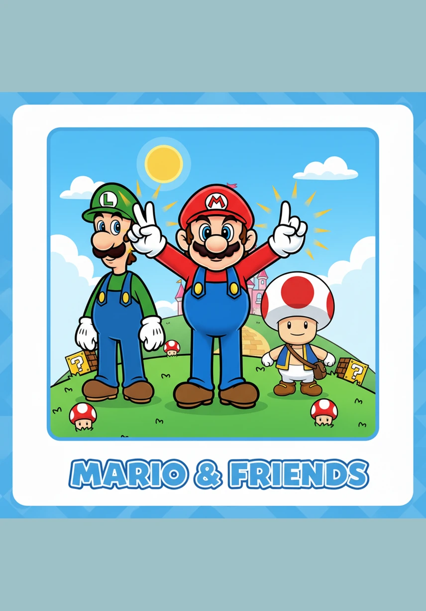 Mario stands in the middle of a vibrant, sun-drenched Mushroom Kingdom, surrounded by colorful pipes and floating blocks. He feels a sense of restlessness, looking for a new way to express his joy after his latest adventure.