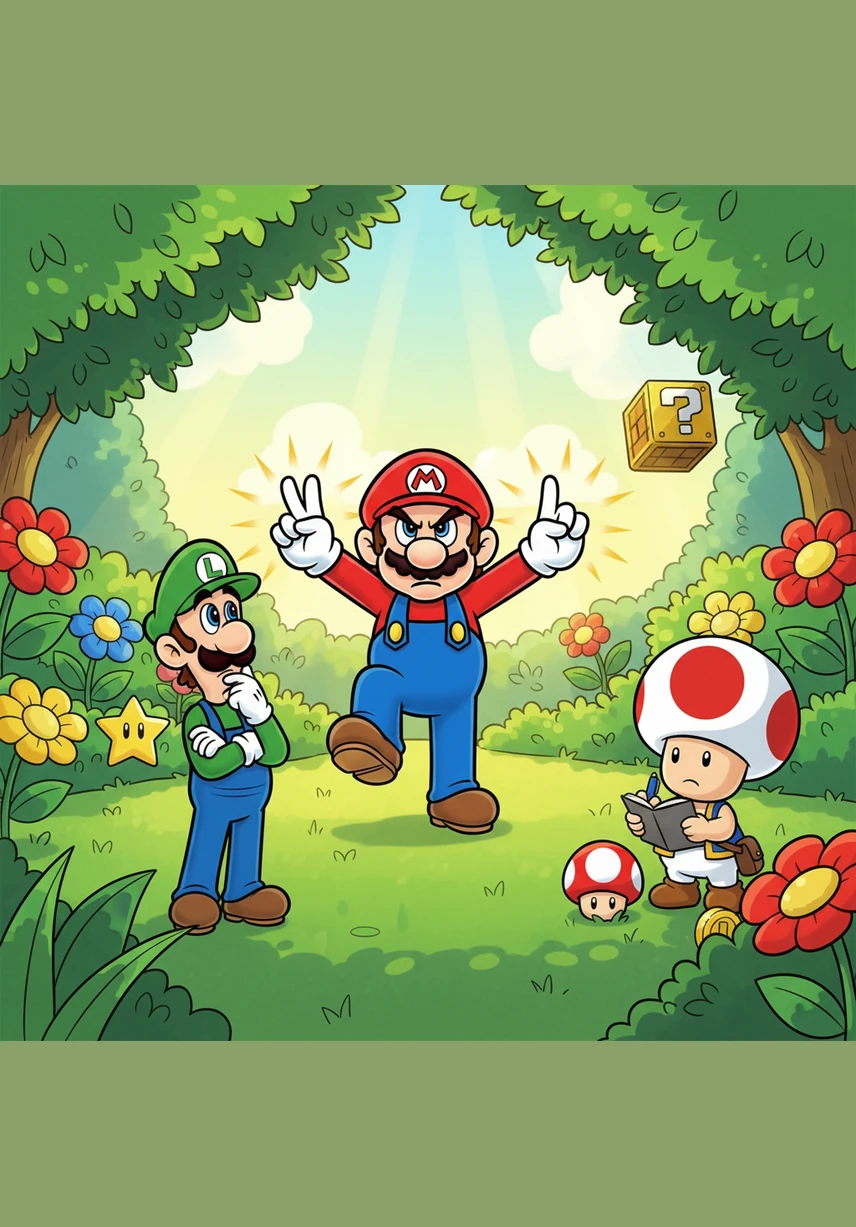 Back in his garden, Mario begins to practice the intricate movement, carefully folding his fingers to form the numbers. His large white gloves make the task surprisingly difficult, but he remains determined to master the cool pose.