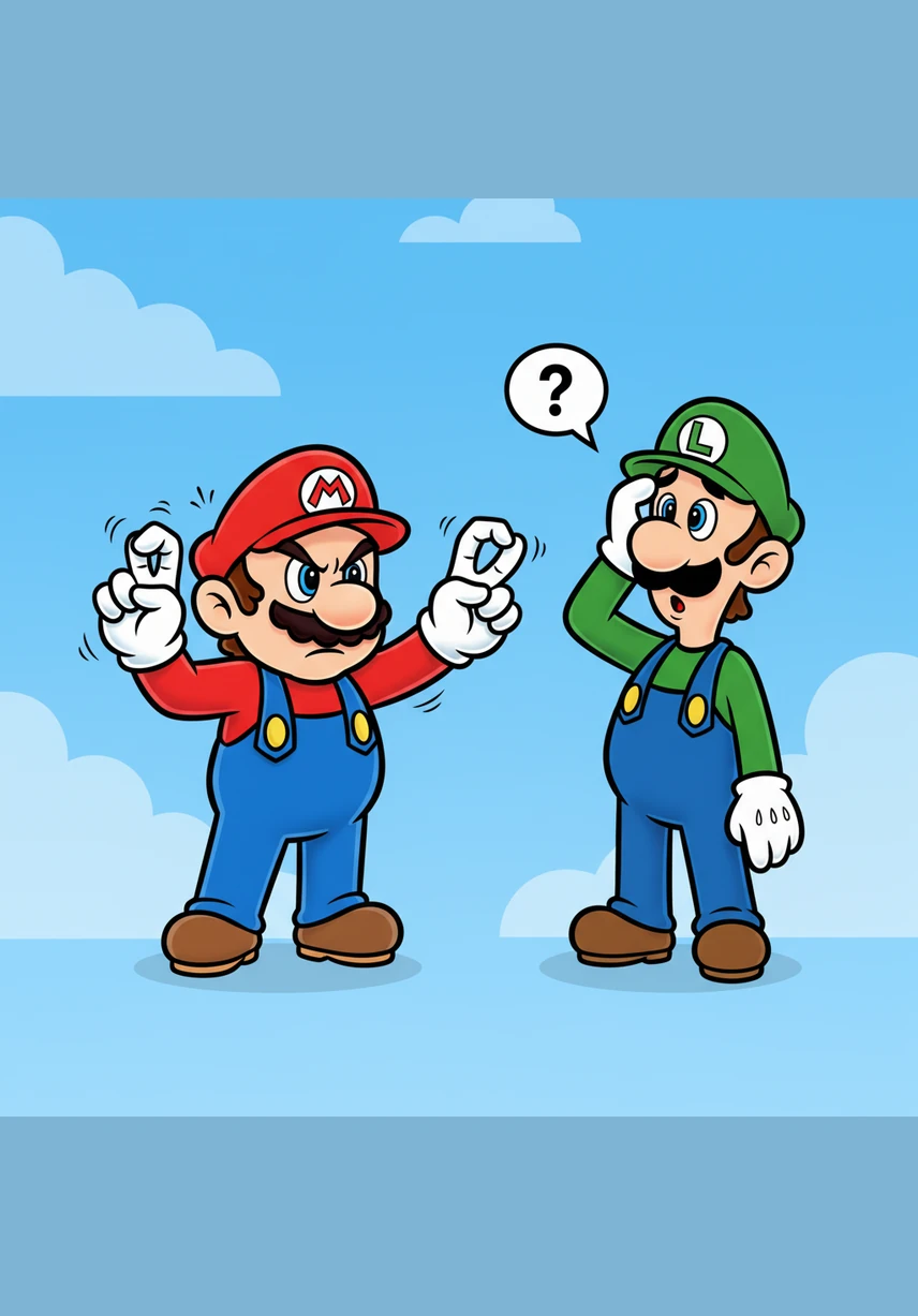 Luigi walks by and pauses, watching his brother’s funny finger contortions with a wide grin. He decides to join the practice, and soon both brothers are laughing hysterically as they accidentally poke each other’s noses.