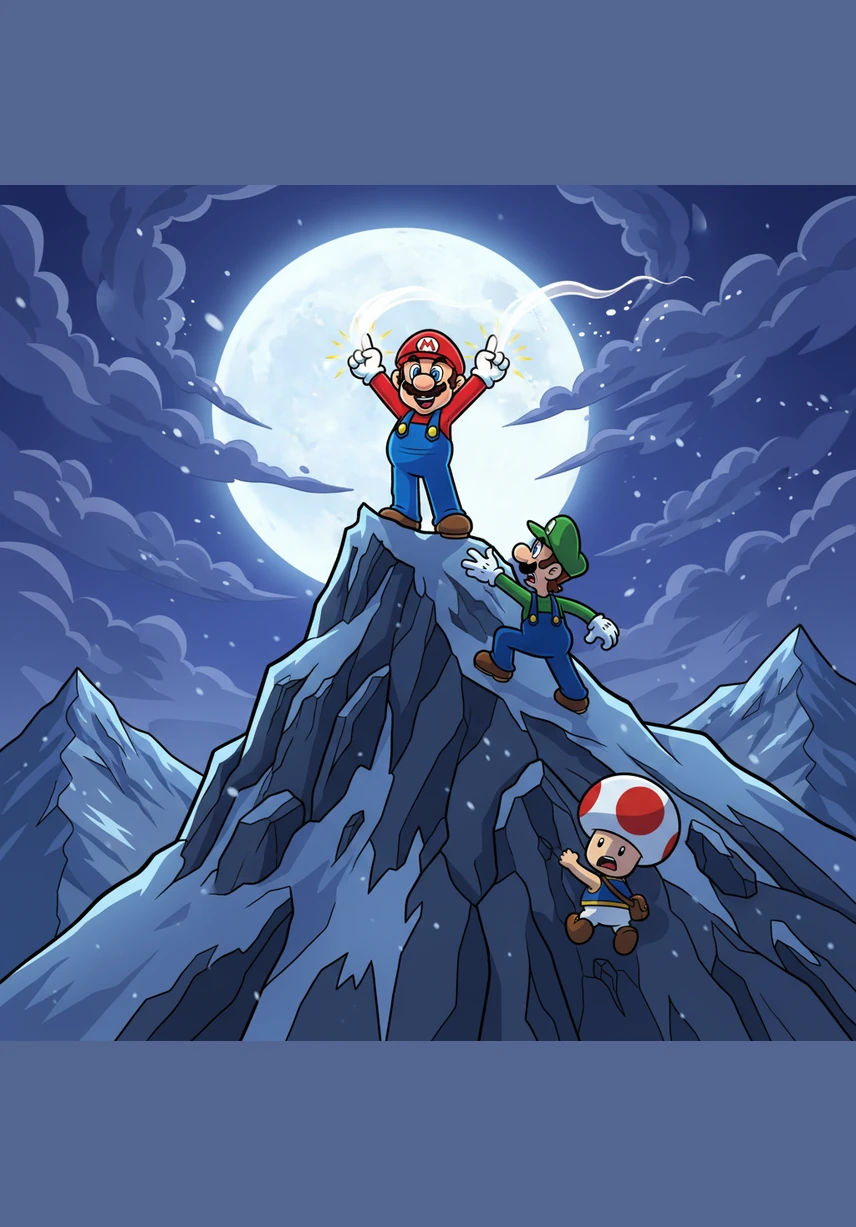 A crowd of curious Toads gathers at the base of the mountain, whispering and pointing at their hero silhouetted against the sky. Mario looks down and realizes that his journey is about more than just a gesture; it is about inspiring his friends.