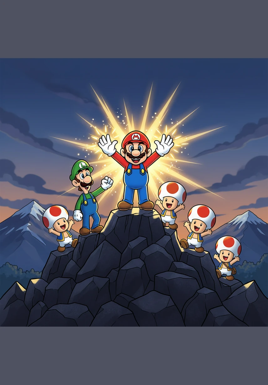With a sudden burst of confidence, Mario snaps his hands into the perfect position, forming the iconic 6 and 7. A magical golden glow erupts from his fingertips, illuminating the entire mountain in a brilliant, celebratory light.