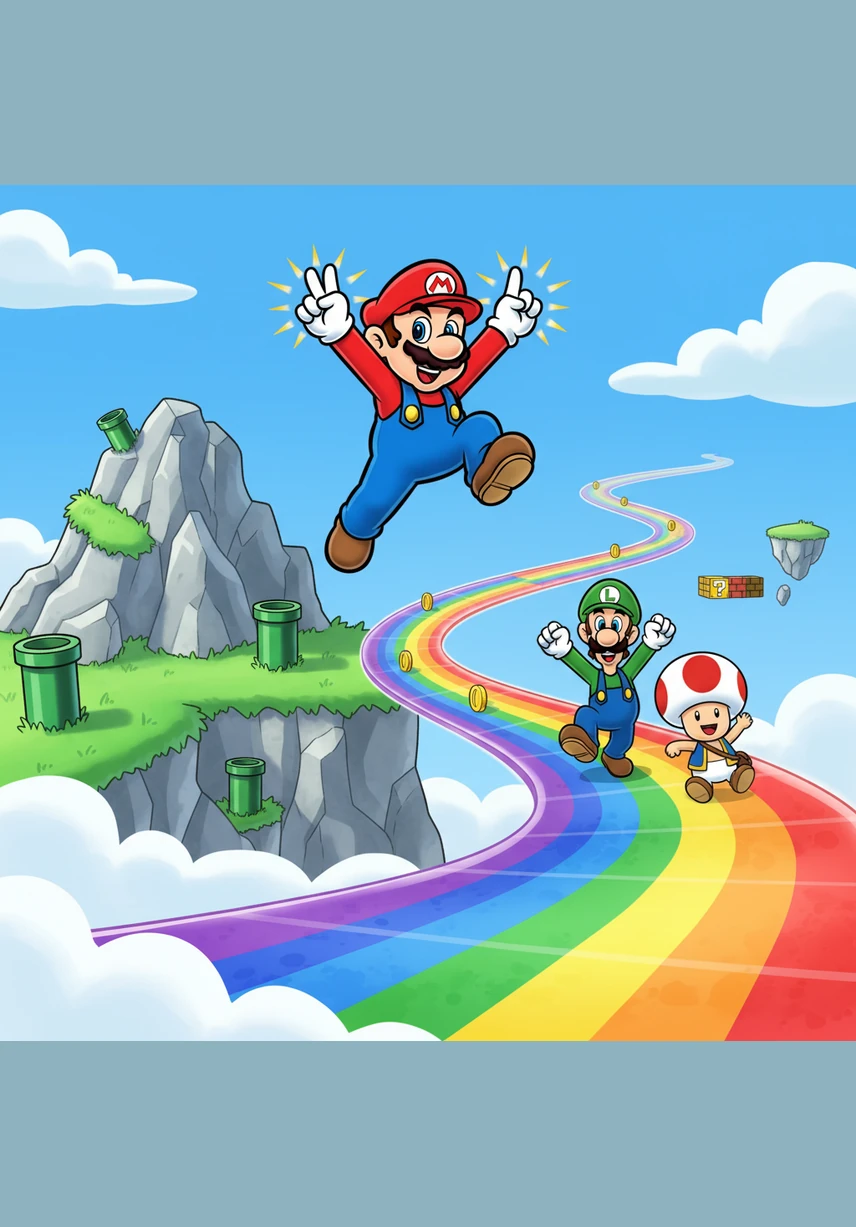 Mario leaps from the mountain and performs the gesture in mid-air as he slides down a long, winding rainbow road. The motion looks so effortless and stylish that even the Goombas stop to watch in awe.