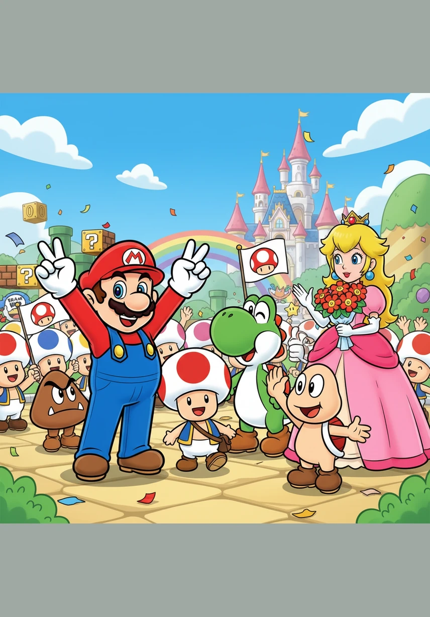 Soon, the entire Mushroom Kingdom is filled with citizens practicing the new sign of friendship and victory. From the smallest Toad to the tallest Koopa, everyone shares a moment of connection through Mario’s legendary move.