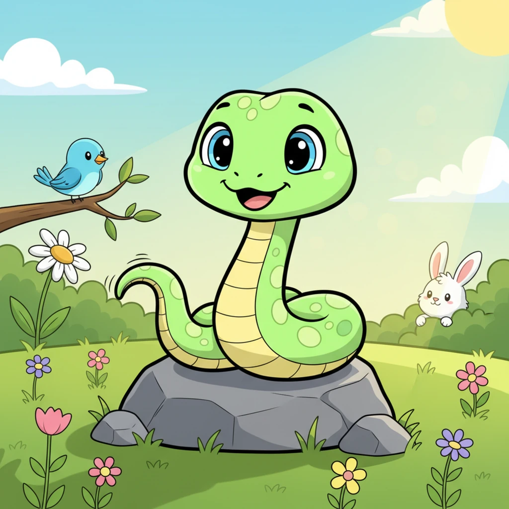 Sunny the snake, a little green serpent with big, kind eyes, loved to bask in the warm sun. More than anything, Sunny wished to make friends with all the other forest creatures. Its tail would wag with delight at the thought of playing.