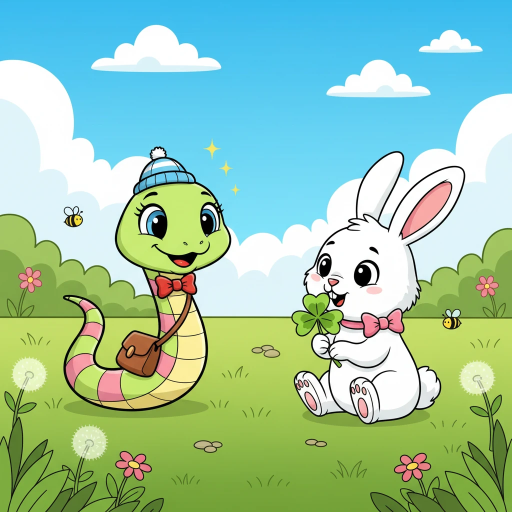 One sunny morning, Sunny saw Rosie the Rabbit nibbling sweet clover in a meadow. With a happy wiggle, Sunny slithered closer, a friendly smile on its face, hoping to say a cheerful hello to Rosie.
