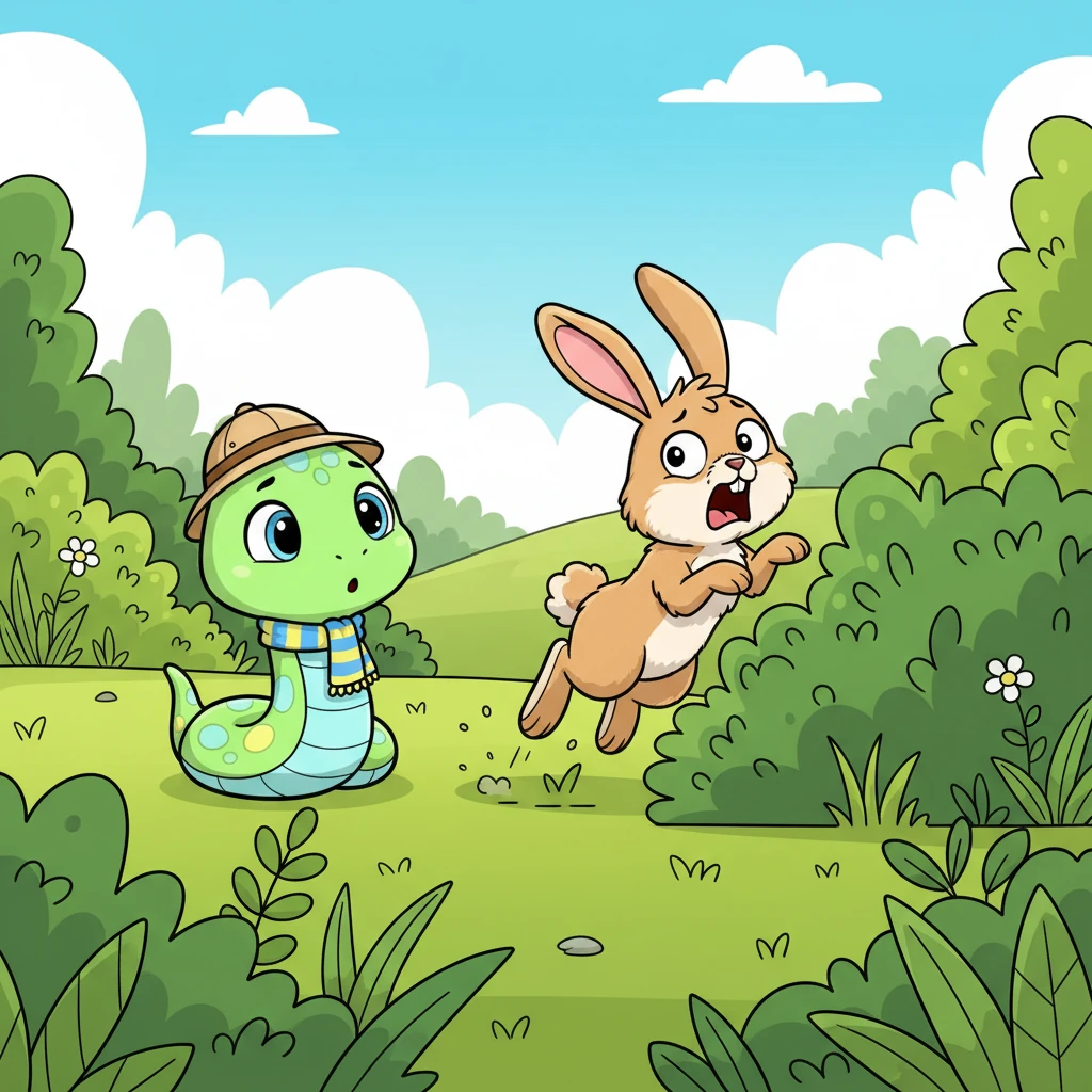 But as Sunny approached, Rosie's ears shot straight up in alarm! Her eyes widened in fear, and with a terrified squeal, she thumped her foot loudly and vanished into the safety of the thick bushes.