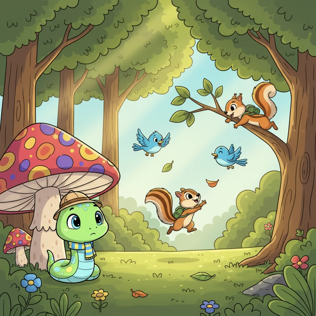 From behind a large, colorful mushroom, Sunny watched a group of squirrels, chipmunks, and birds playing a lively game of tag. Their happy chirps and chitters echoed joyfully through the tall trees, making Sunny wish it could join their fun.