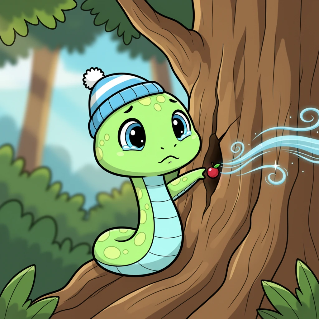 Finley spotted the bright berry, but just as he reached for it, a playful gust of wind blew it into a narrow, dark crack in a tree trunk. It was too small for his paw to reach, and Finley whimpered sadly, upset to lose his delicious treat.