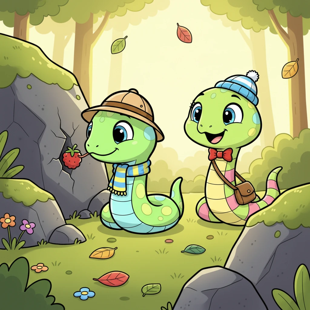 Sunny, seeing Finley's distress, quickly slithered out from its hiding spot. With its slender body, Sunny easily reached into the tiny crack and carefully nudged the juicy berry back out to Finley, pushing it gently with its snout.