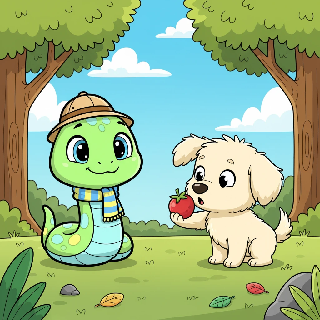 Finley froze, then looked at Sunny with wide, surprised eyes. He saw no scary fangs, just Sunny's kind, smiling face. "Thank you!" he barked softly, picking up the berry with his nose and feeling a little less afraid.