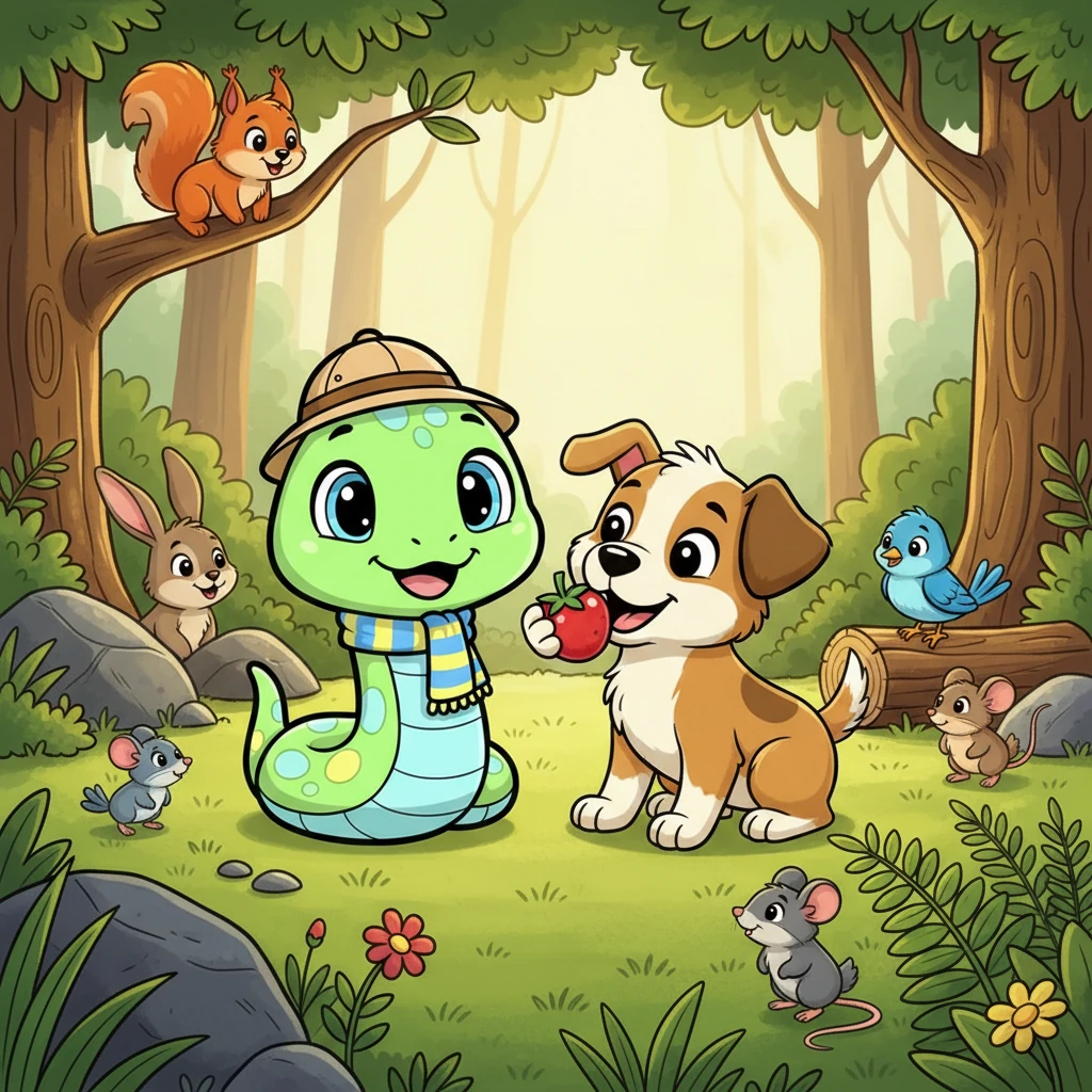 Soon, other animals cautiously emerged from their hiding spots, drawn by Finley's happy barks. They saw Finley sharing his berry with Sunny, and slowly realized this little snake was truly kind. Slowly, the forest creatures learned that a true friend has a big heart, no matter what they look like, and Sunny finally found its place among them.