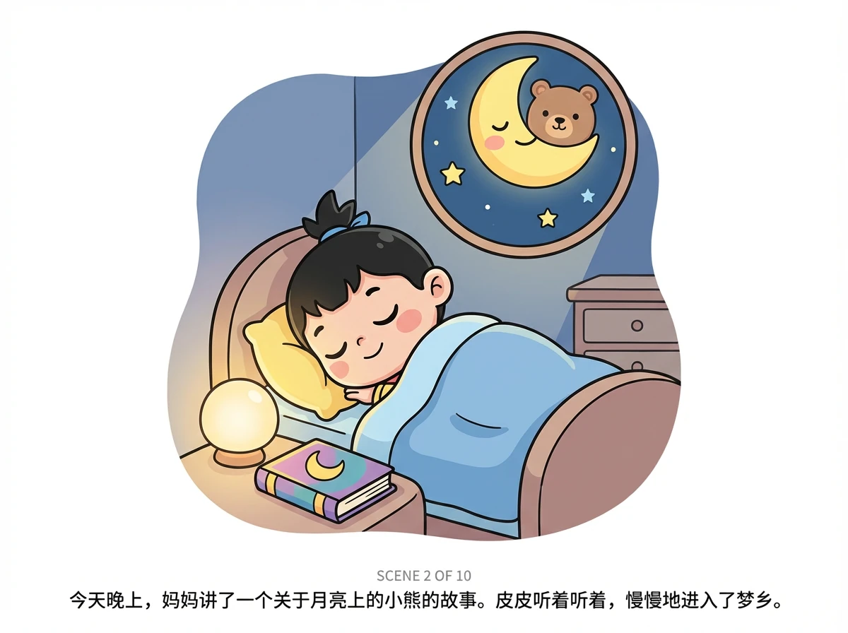 今天晚上,妈妈讲了一个关于月亮上的小熊的故事。皮皮听着听着,慢慢地进入了梦乡。