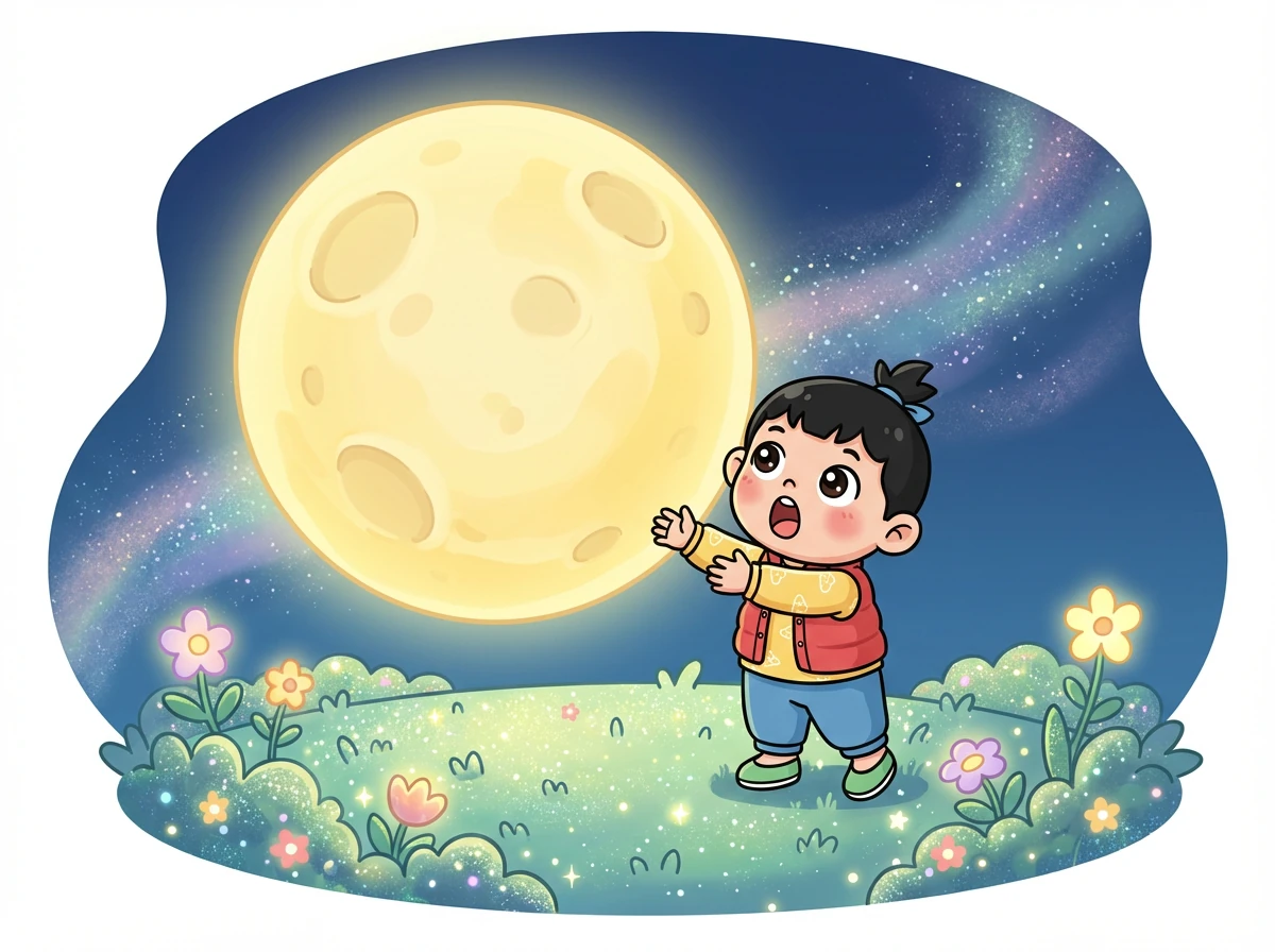在梦里,皮皮发现自己站在一片闪闪发光的草地上。抬头一看,哇!月亮变得好大好圆,仿佛触手可及。